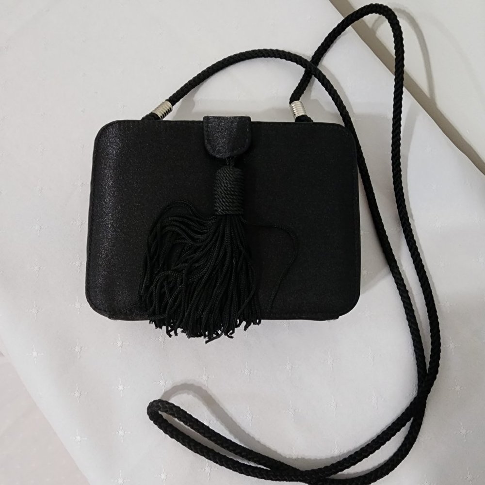 NEW Vintage 90s Jessica McClintock Black Tassel Evening Purse Crossbody Mini Bag
